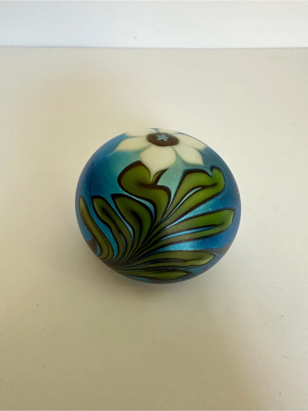 Vintage Orient & Flume Glass Blue & White Flower Iridescent Paperweight-1977